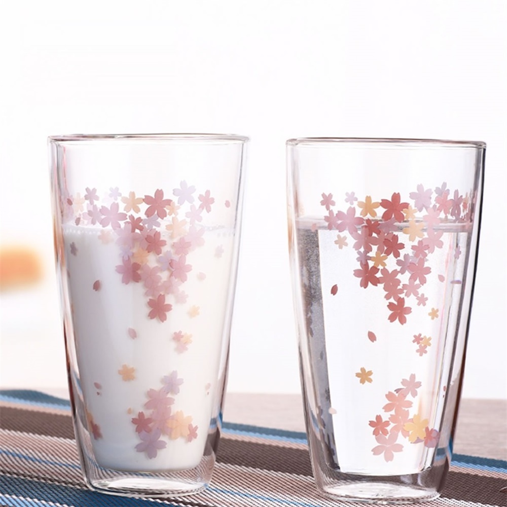 Cherry Blossoms Double Wall Glass Tea Cup Milk Drink Cup