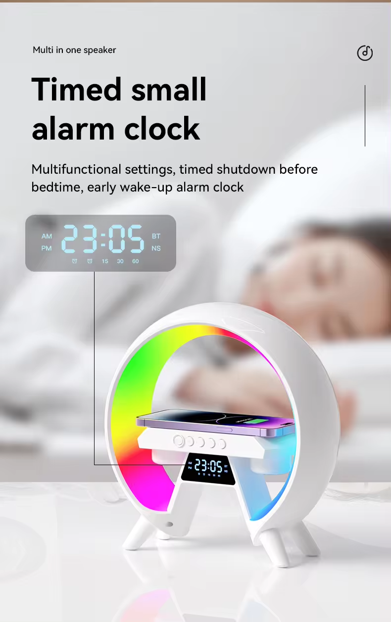 Newly Alarm Clock Mini Smart Portable Speakers With Colorful Night Light Multifunction Fast Mobile Phone Wireless Chargers