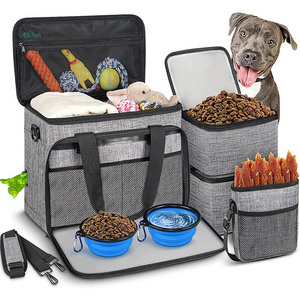 6 Set Dog Travel Bag, Large Pet Travel Kit for Supplies Includes 2 Food Containers, Dog Weekend Overnight Travel Bags Luggage