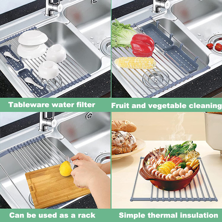 Adjustable Sink Dish Drainers Drain Basket Kitchen Organizer Rustproof Stainless Steel Over Sink Extendable Dish Drying Rack