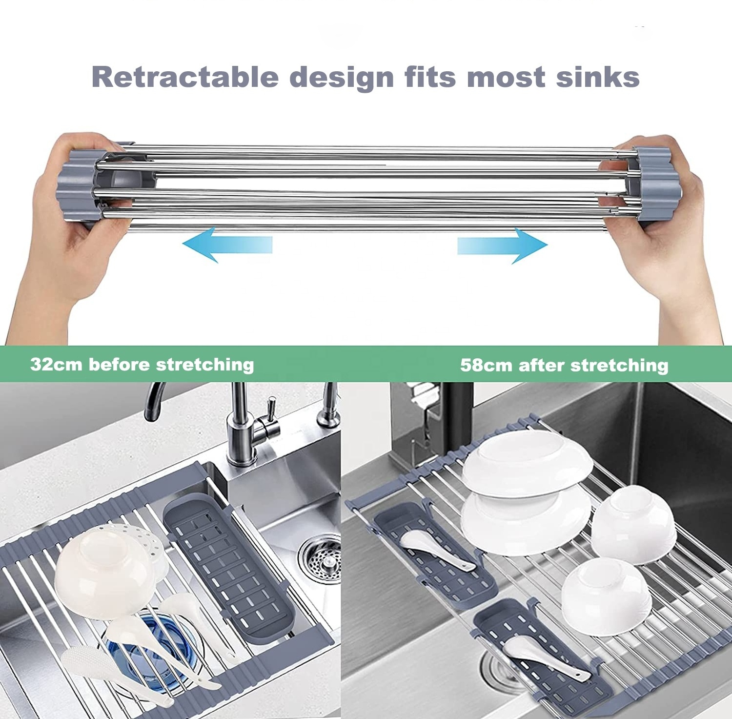 Adjustable Sink Dish Drainers Drain Basket Kitchen Organizer Rustproof Stainless Steel Over Sink Extendable Dish Drying Rack