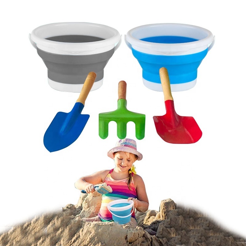 1.5L Portable Collapsible  Round Plastic Silicone beach bucket and shovel for kids Camping Beach Gardening Fishing