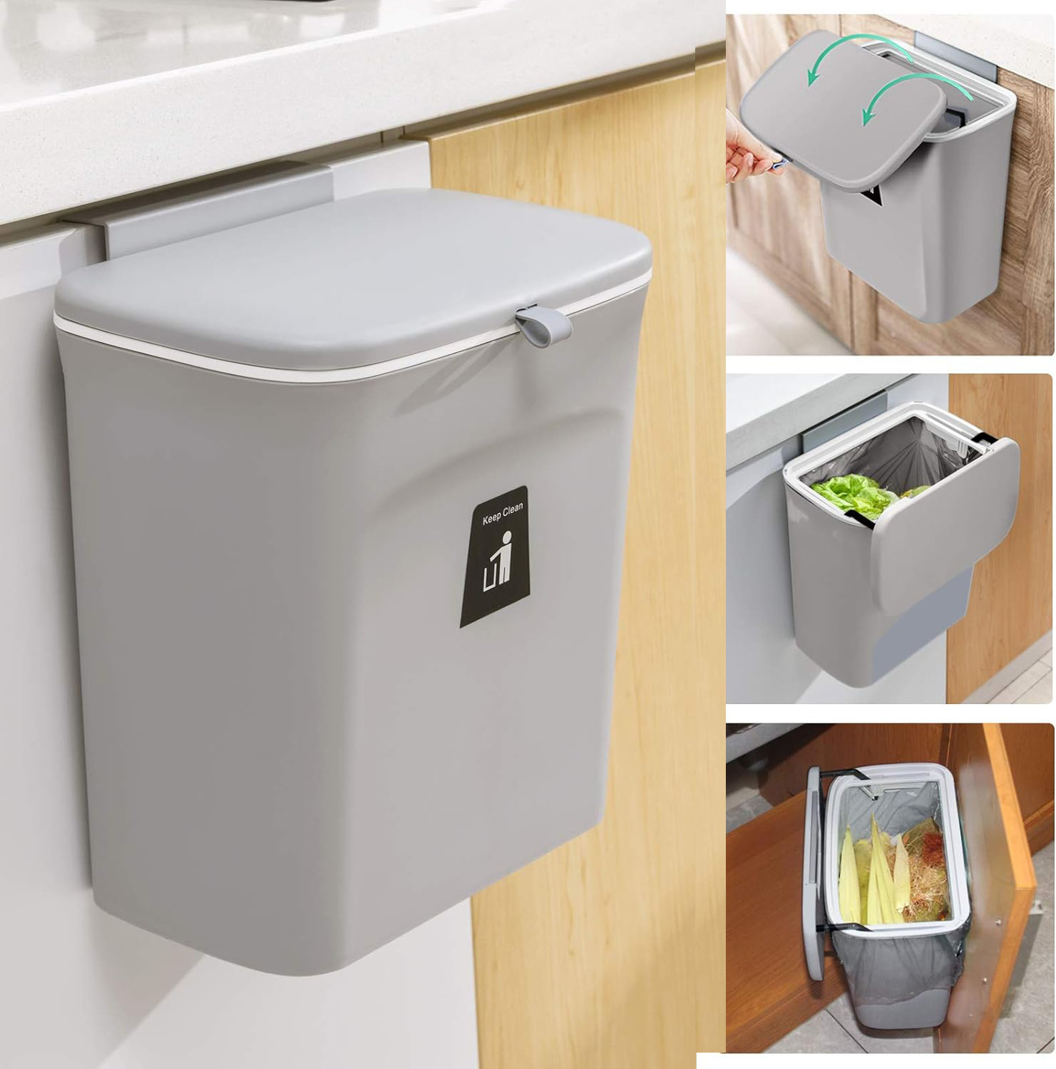 2.4 Gallon Kitchen Compost Bin for Counter Top or Under Sink Hanging Small Trash Can with Lid Mountable Indoor Compost Bucket