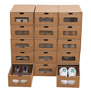 Wholesale stackable cardboard drawer kraft paper eco friendly storage box shoe box organizer transparent visible window