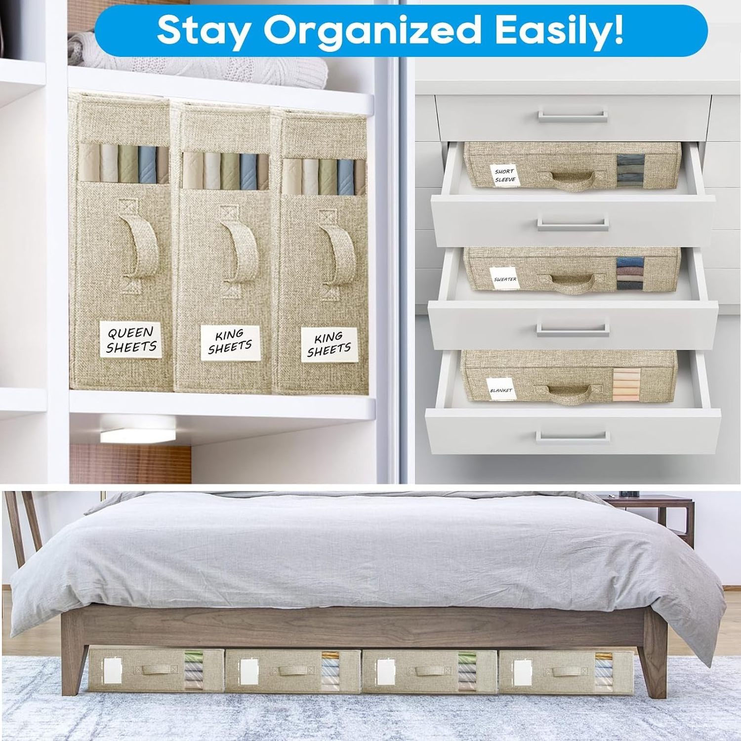 Closet Organizer for Bedding Clothes Blankets Bed Sheet Set Organizer Foldable Storage Box for Duvet Cover with Zipper