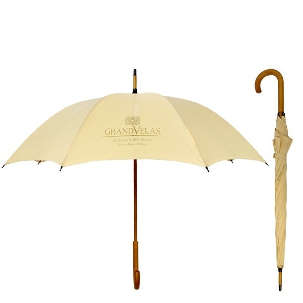 Custom wooden handle umbrella  with logo printing solid wood curved handle straight umbrella