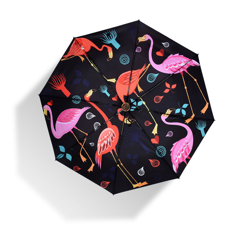 Fashion full over printing 3 folding digital printing inside backpack umbrella Flamingo umbrella