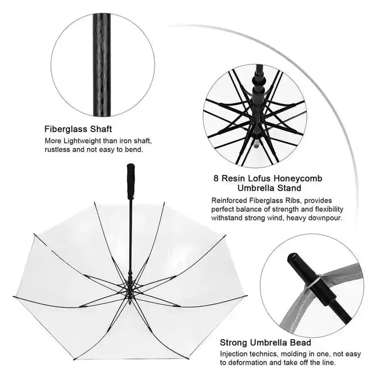 62 Inch Clear Golf Umbrella Transparent Wedding Auto Open Extra Large Stick Umbrella Oversized Umbrellas for Rain