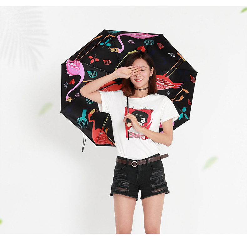 Fashion full over printing 3 folding digital printing inside backpack umbrella Flamingo umbrella