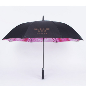 Hot selling double layers straight umbrella flower print inside umbrella j shaped handle umbrella windproof