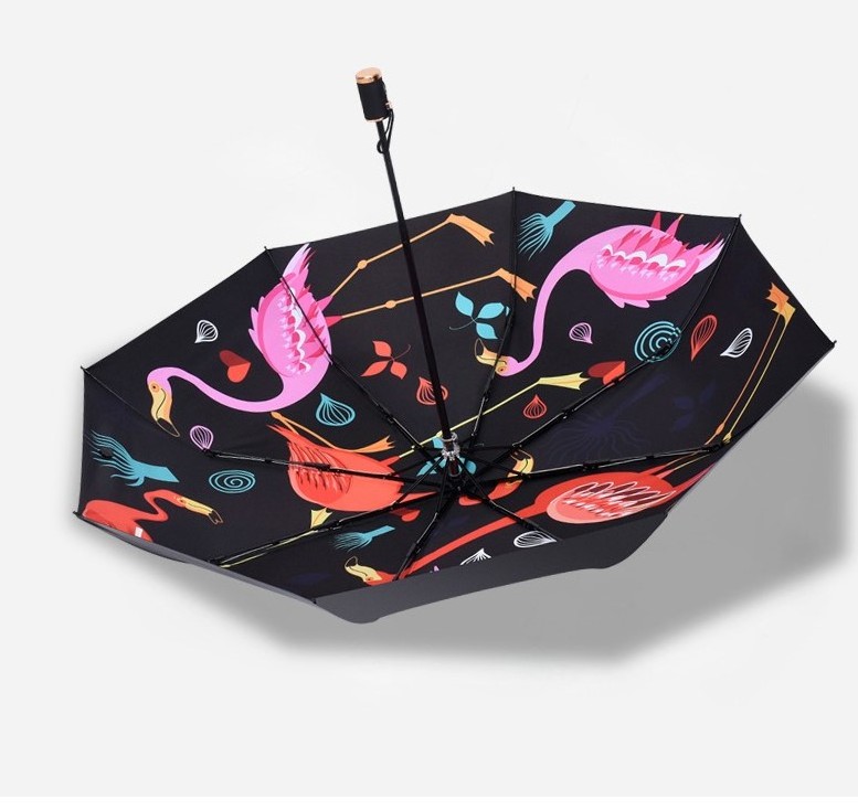 Fashion full over printing 3 folding digital printing inside backpack umbrella Flamingo umbrella