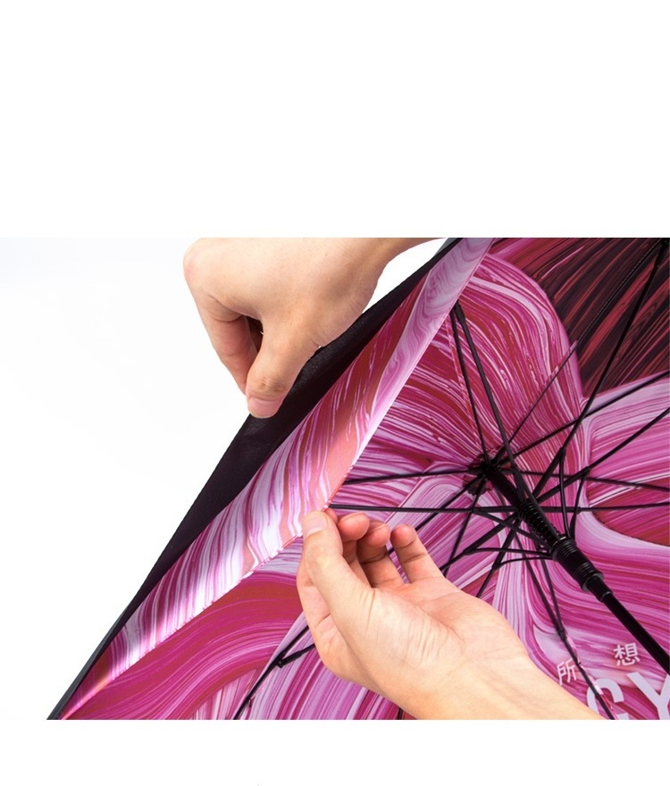 Hot selling double layers straight umbrella flower print inside umbrella j shaped handle umbrella windproof