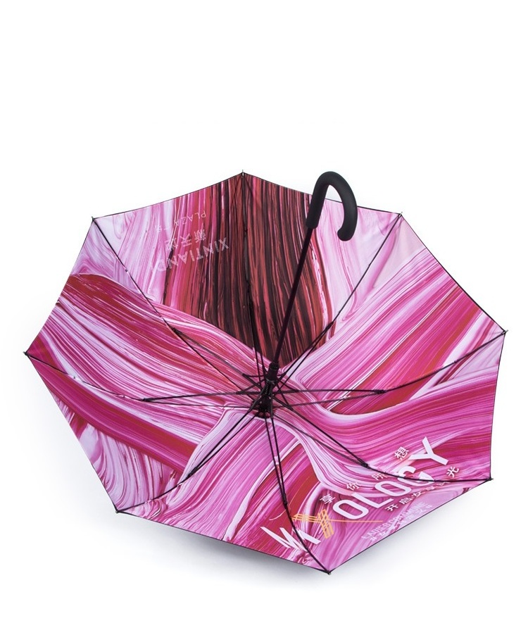 Hot selling double layers straight umbrella flower print inside umbrella j shaped handle umbrella windproof