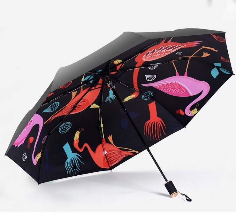 Fashion full over printing 3 folding digital printing inside backpack umbrella Flamingo umbrella