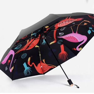 Fashion full over printing 3 folding digital printing inside backpack umbrella Flamingo umbrella