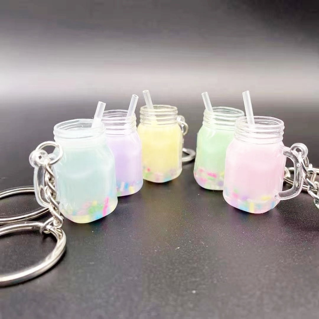 Creative simulation juice milk tea cup keychain bag car keyring pendant milk tea shop small gift manual