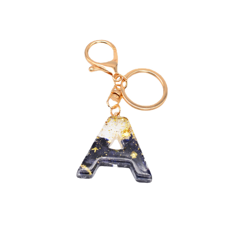 English Letter Alphabet initial Resin Keychain, custom Acrylic gold flake foil lapis lazuli Keyring bag charm pendant key holder