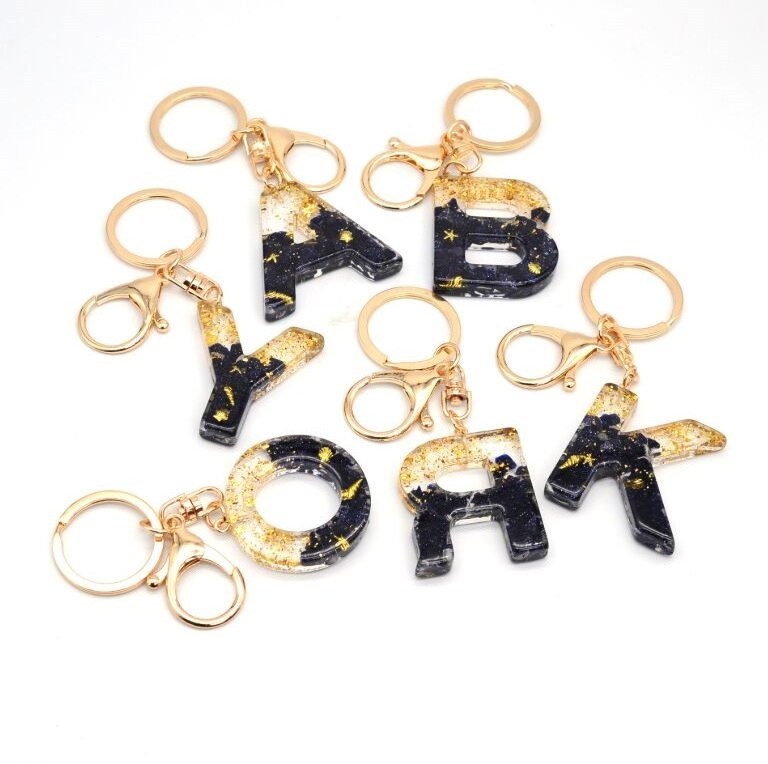 English Letter Alphabet initial Resin Keychain, custom Acrylic gold flake foil lapis lazuli Keyring bag charm pendant key holder