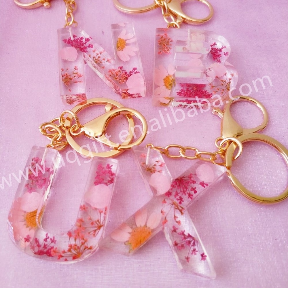 Personalized Press real Flower Clear Resin Initial Letter floral Keychain with Tassel Charm Keyring souvenir  promotion  gift