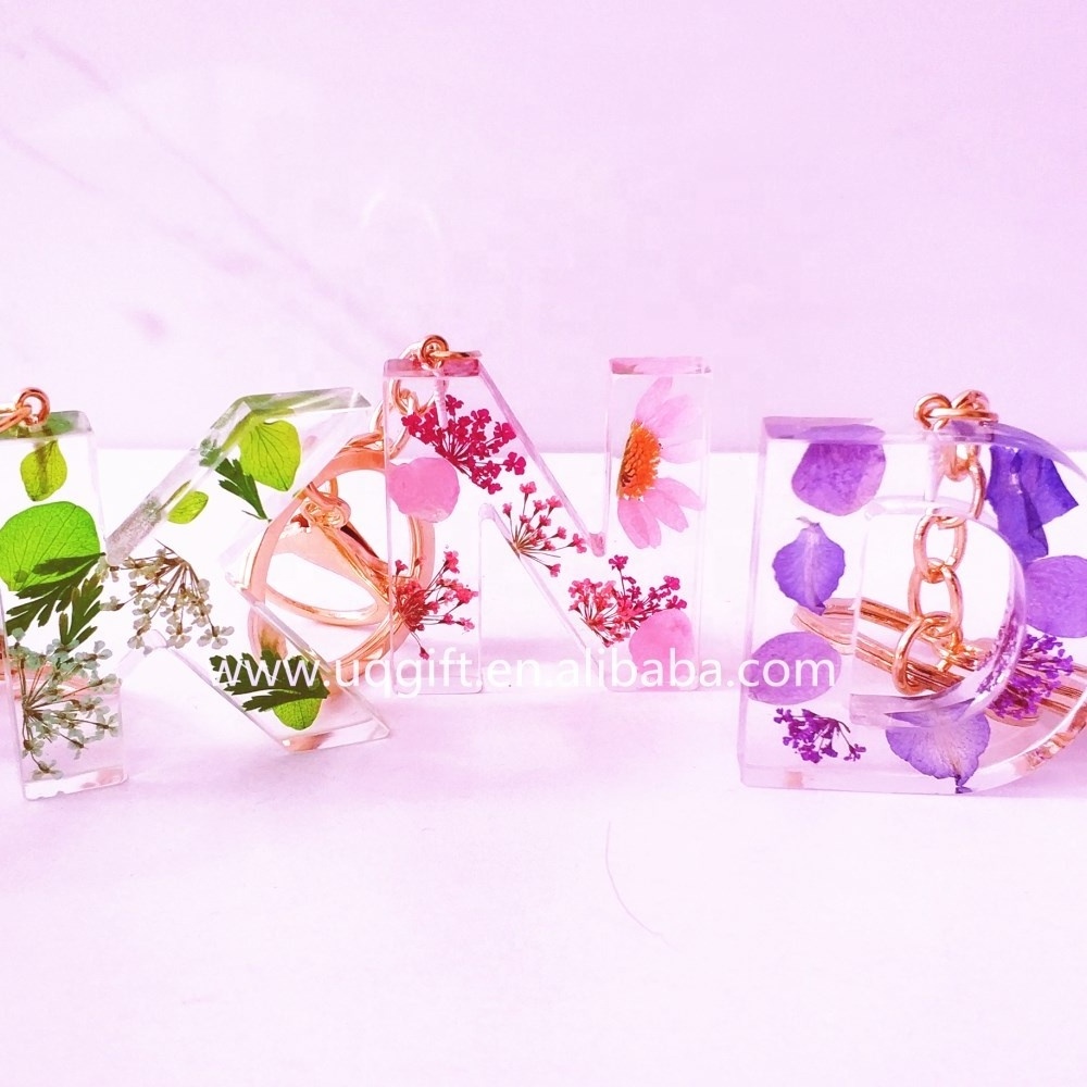 Personalized Press real Flower Clear Resin Initial Letter floral Keychain with Tassel Charm Keyring souvenir  promotion  gift