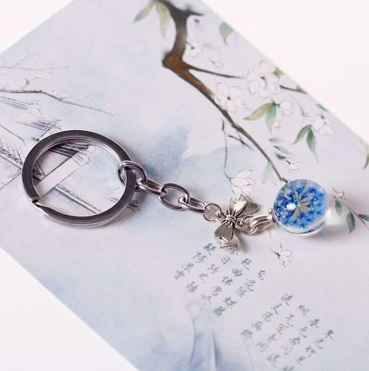 crystal pendant natural real dry flower keychain necklace butterfly vintage resin keyring, Glass Ball Lucite transparent key