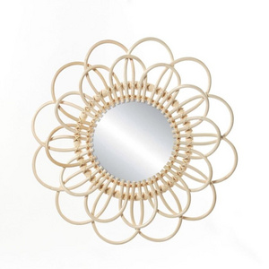 home decoration and furniture wall hanging mirror flower shaped decor mirror made of rattan cane and core