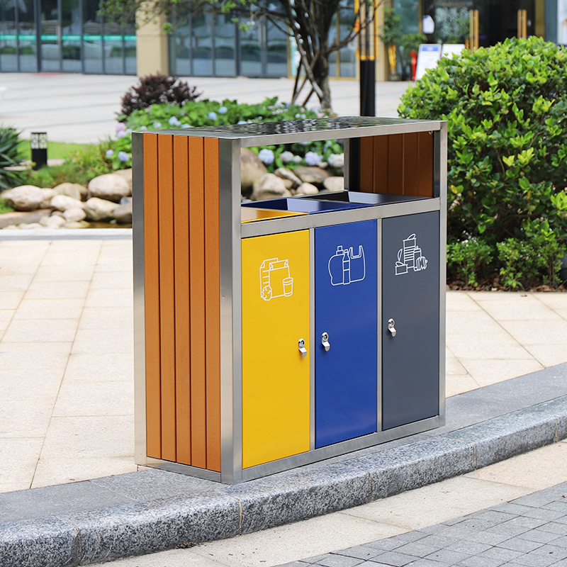 outdoor public recycled trash can stainless steel metal classified waste garbage bin with 3 compartments