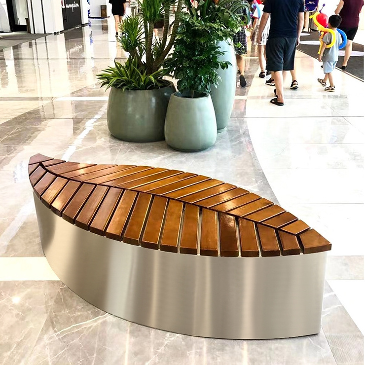 Leaf design stainless steel modern garden bench metal and wood solid wooden seating benches for outdoor and indoor