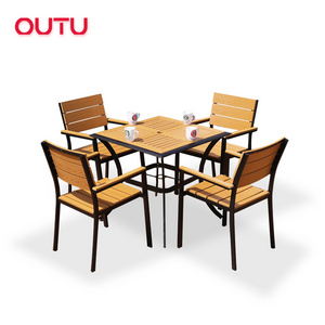 Outdoor furniture restaurant plastic wood dining table set patio furniture picnic coffee table and chairs