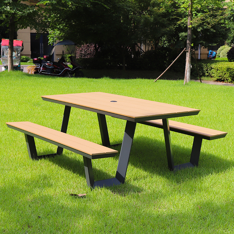 Plastic wooden hot sale popular outside bench patio table set picnic table and chair sets with a hole for umbrella