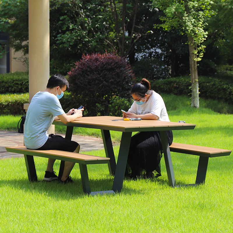 Plastic wooden hot sale popular outside bench patio table set picnic table and chair sets with a hole for umbrella