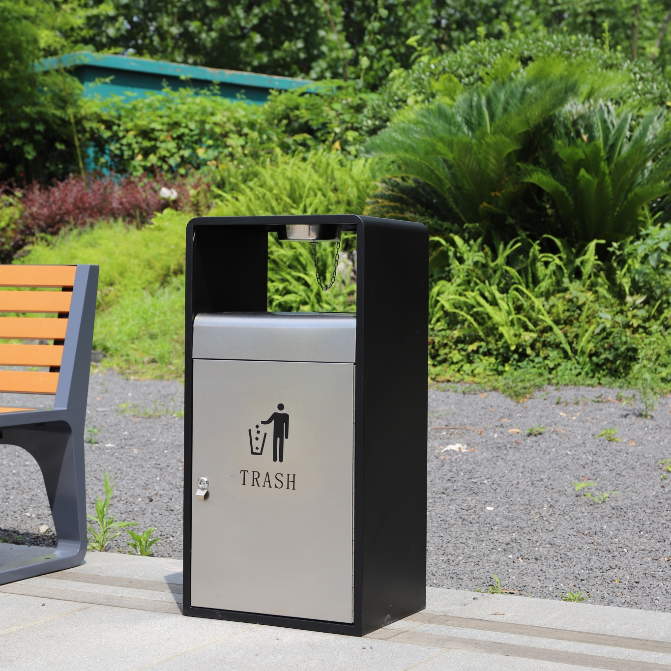 High-grade 50 L litter bins metal trash bin stainless steel ashtray bins outdoor trash can with lock