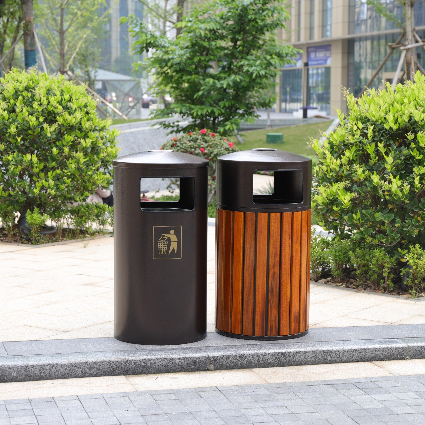 outdoor trash can wood round waste dust bin metal garbage ashtray rubbish container with lid for park garden public