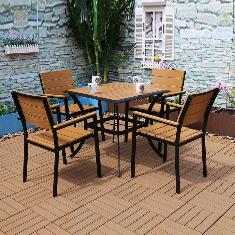 Outdoor furniture restaurant plastic wood dining table set patio furniture picnic coffee table and chairs