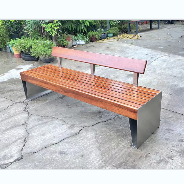 urban furniture outdoor modern stainless steel bench chair metal garden park teak wood seating 2-3 seater with backrest