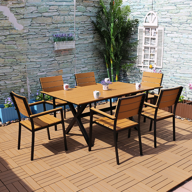 Outdoor furniture restaurant plastic wood dining table set patio furniture picnic coffee table and chairs