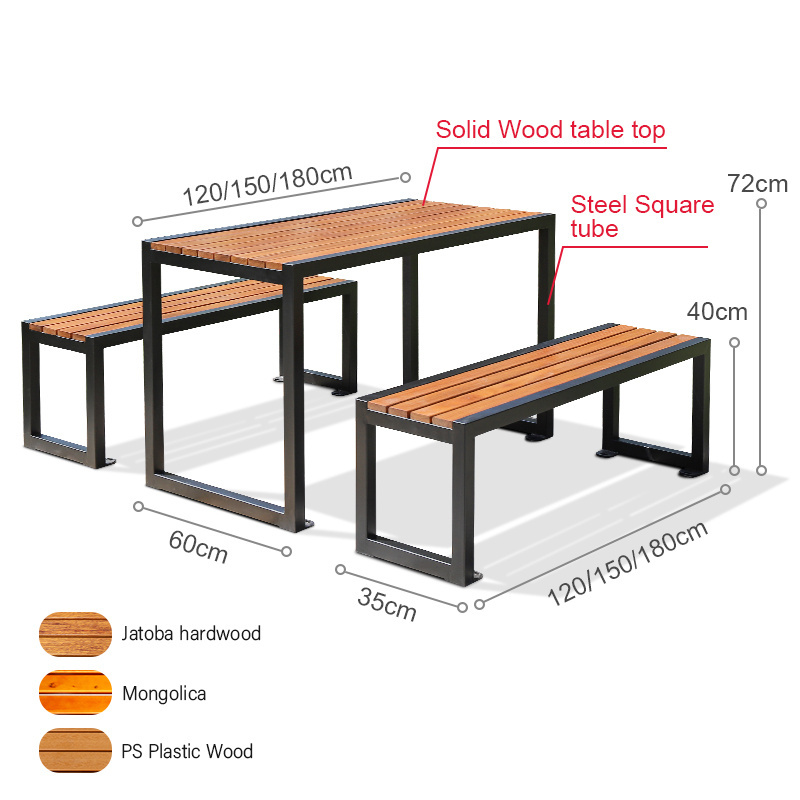 metal and solid wood dining table and chair set outdoor table set patio furniture with 2 park benches