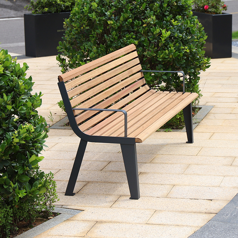 Modern Patio outdoor benches with backrest steel park long bench chair with solid wood outside waiting seats for street