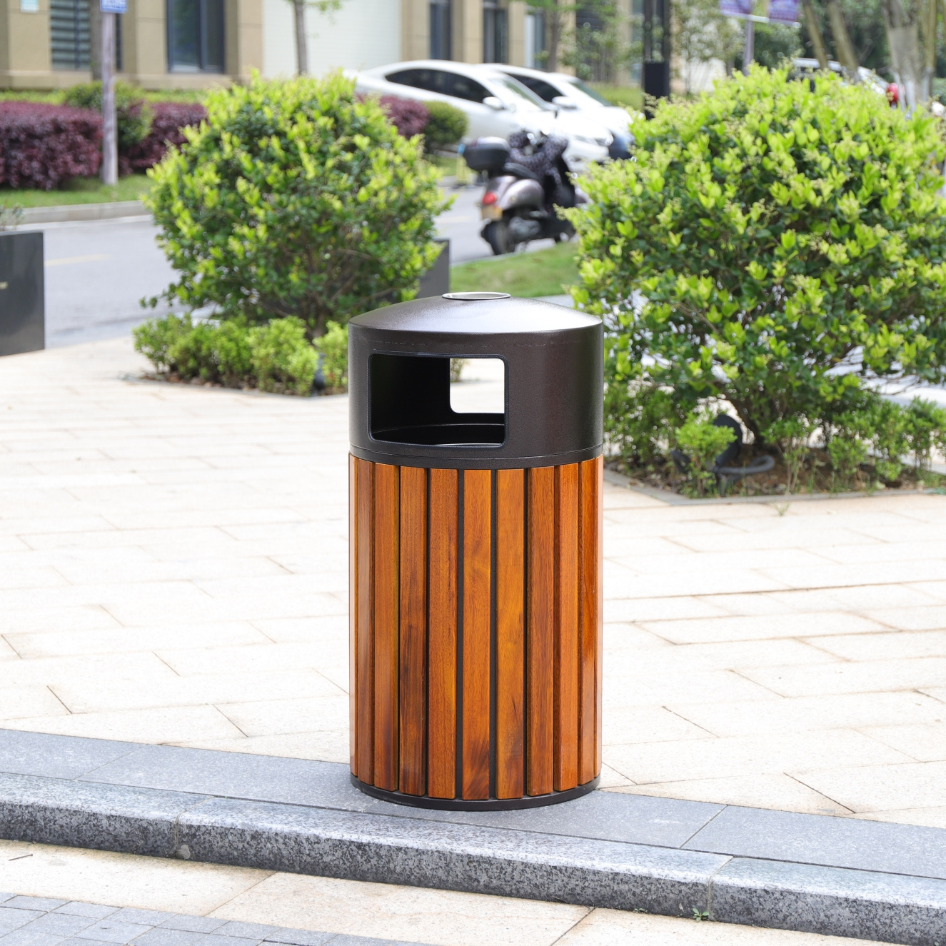 outdoor trash can wood round waste dust bin metal garbage ashtray rubbish container with lid for park garden public