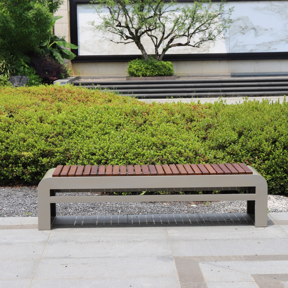 black outdoor public city furniture metal waiting seat wooden urban bench for parks and plazas