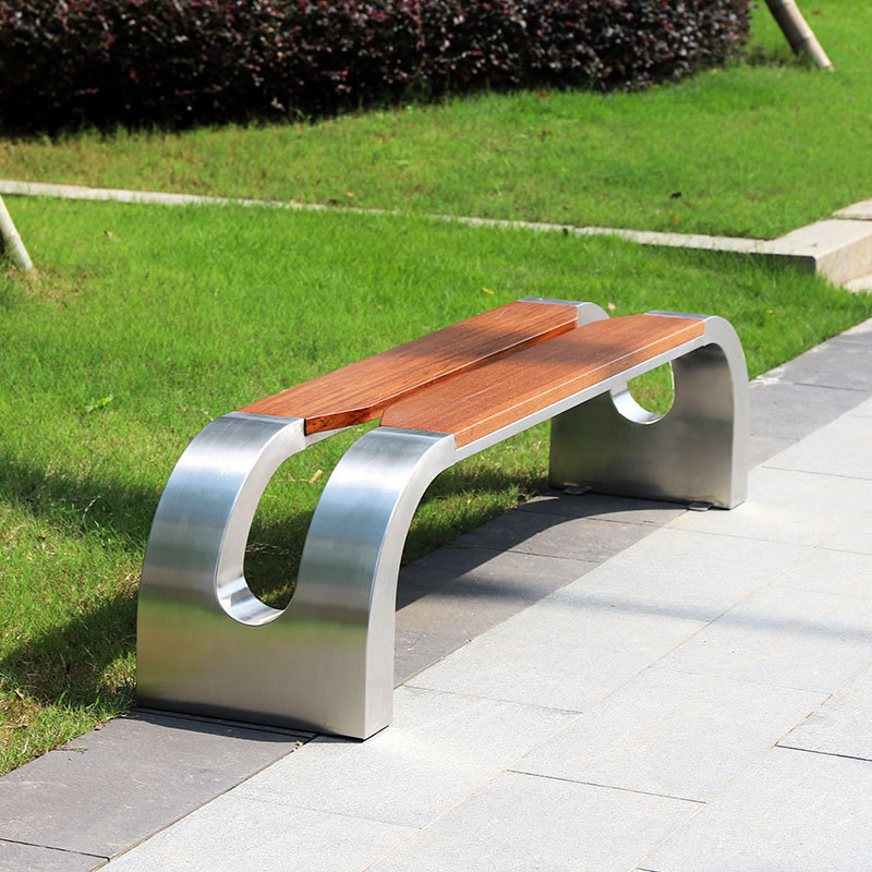 New design  long metal bench modern wooden seat park outdoor waiting bench with stainless steel frame