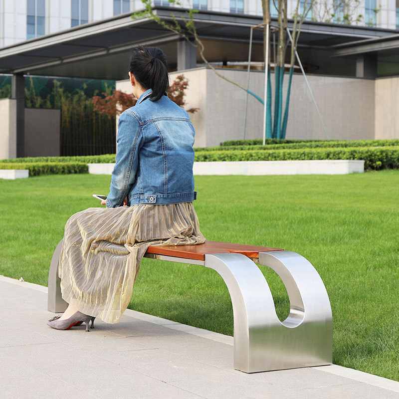 New design  long metal bench modern wooden seat park outdoor waiting bench with stainless steel frame