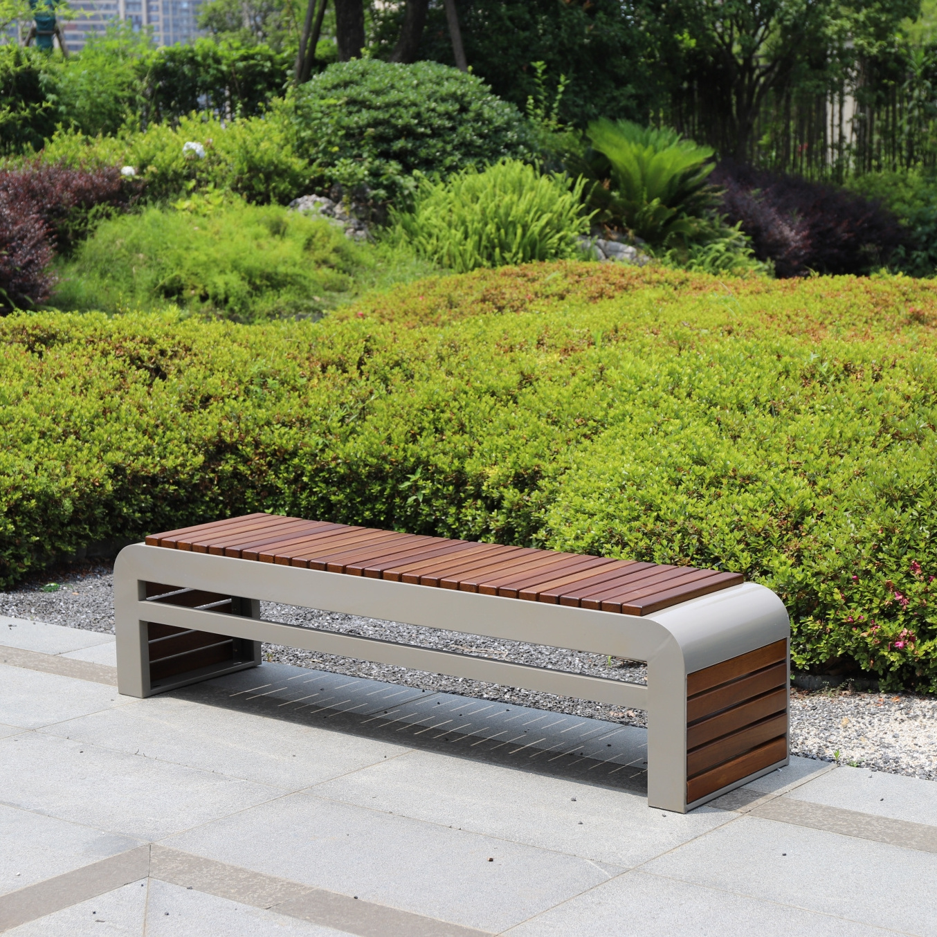 Customized wood chair no armrest garden seating bench stainless steel outdoor street benches with no back rest