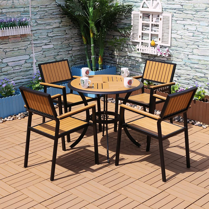 Outdoor furniture restaurant plastic wood dining table set patio furniture picnic coffee table and chairs