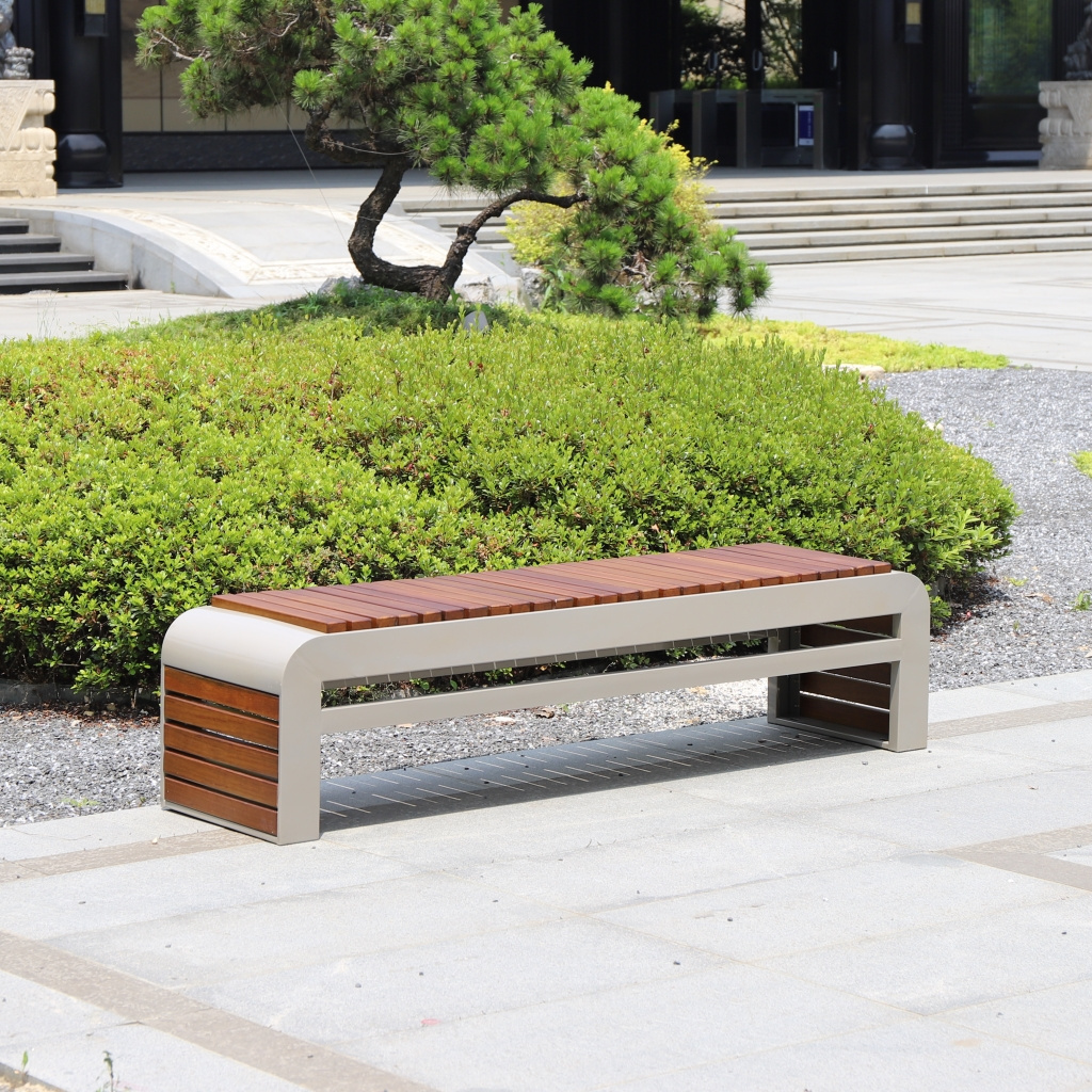 black outdoor public city furniture metal waiting seat wooden urban bench for parks and plazas