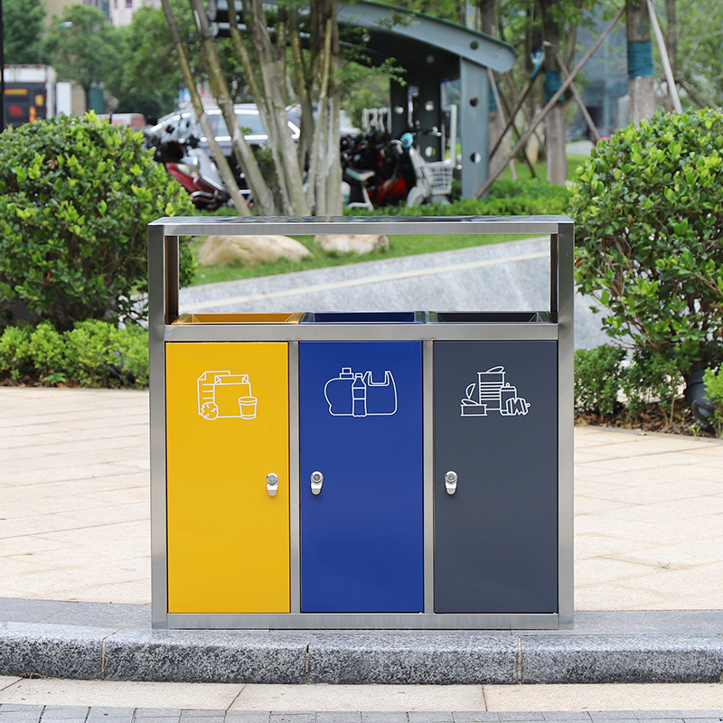 outdoor public recycled trash can stainless steel metal classified waste garbage bin with 3 compartments