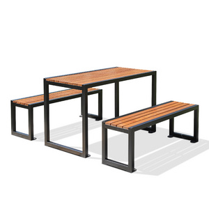 metal and solid wood dining table and chair set outdoor table set patio furniture with 2 park benches