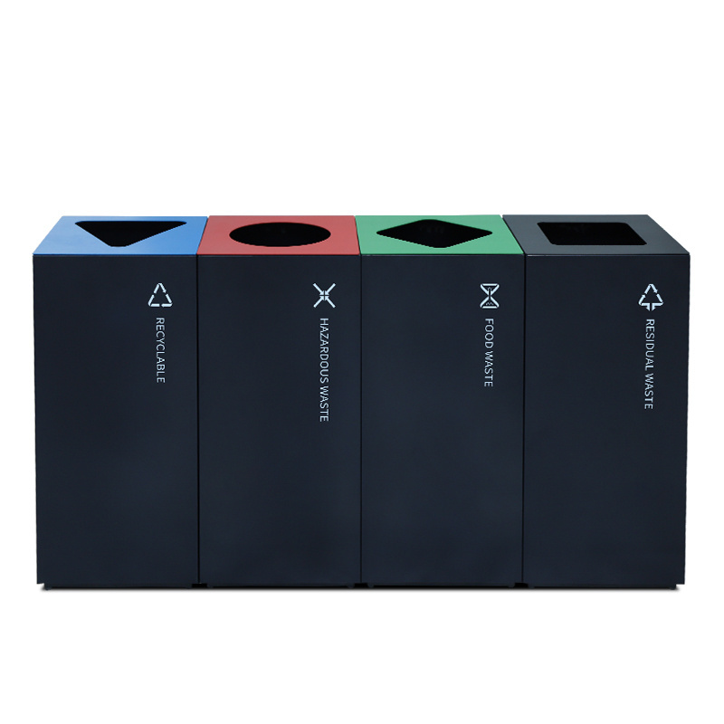 top open rectangular metal outdoor waste bins black recycled trash can with 4 compartments