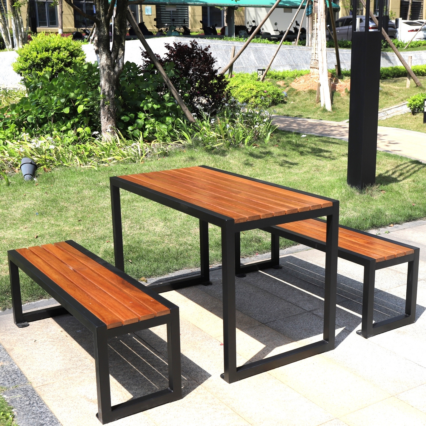 Steel patio 2 seats park bench restaurant metal outdoor dinner table and chair set teak wooden garden benches outside furniture