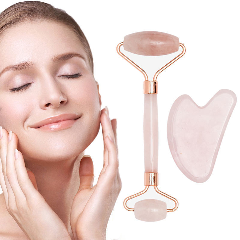 Skin Care Tool Redness Reducing Skin Care 100% Natural Facial Massage Roller Rose Quartz Face Jade Roller GuaSha Set with Box